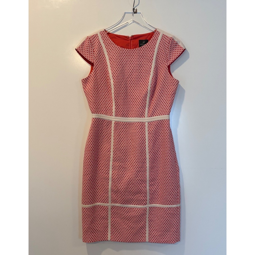 Adrianna Papell Contrast Piping Sheath Dress Coral White Geometric Womens Size 6